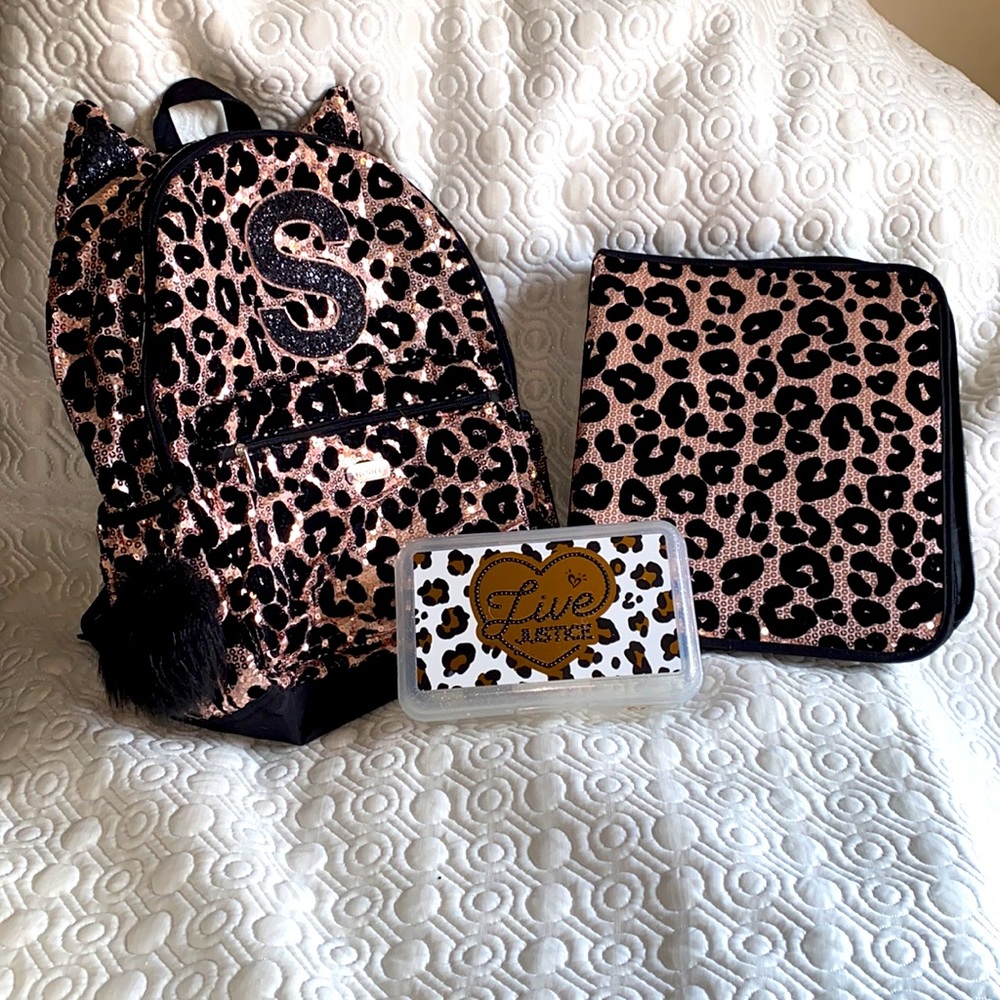Justice spotted leopard backpack & matching binder